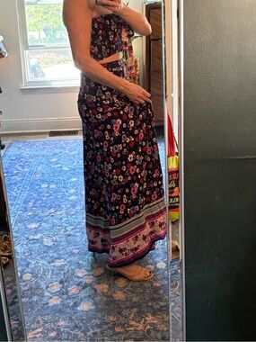 Floral Strapless Boho Wide Leg Pant Set - Navy with Pink & Purplw